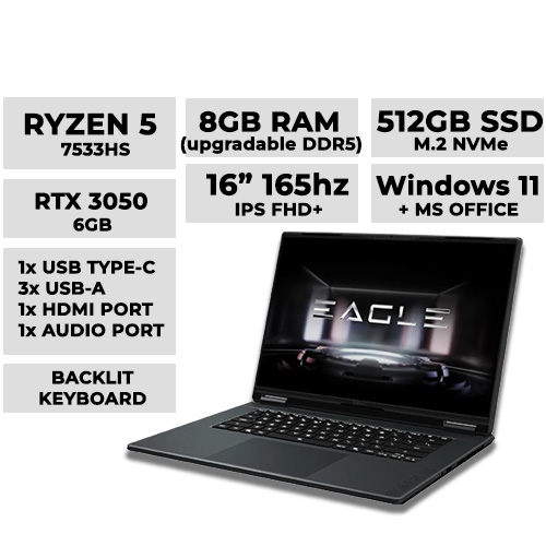 Gigabyte Eagle Gaming Laptop 16" 165hz | Ryzen 5 7533HS | 8GB DDR5 (2 slot) | 512GB NVMe | RTX 3050 6GB (Model: EAGLE-9LJR2PHF83SH)